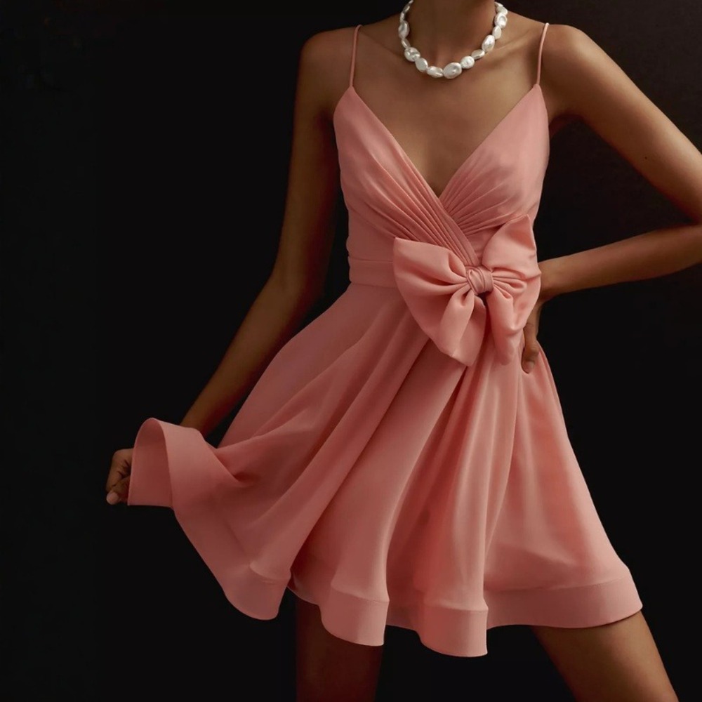 Ieena for Mac Duggal Sleeveless V-Neck Bow Mini Dress Pink Size 12 NWT